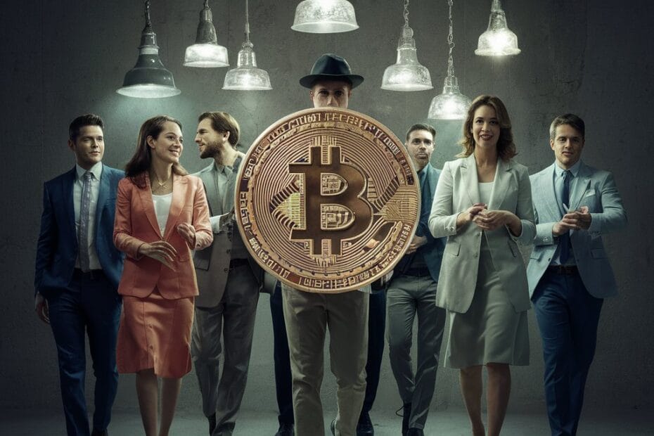 Imagem de uma moeda representando o Bitcoin na frente de algumas pessoas
