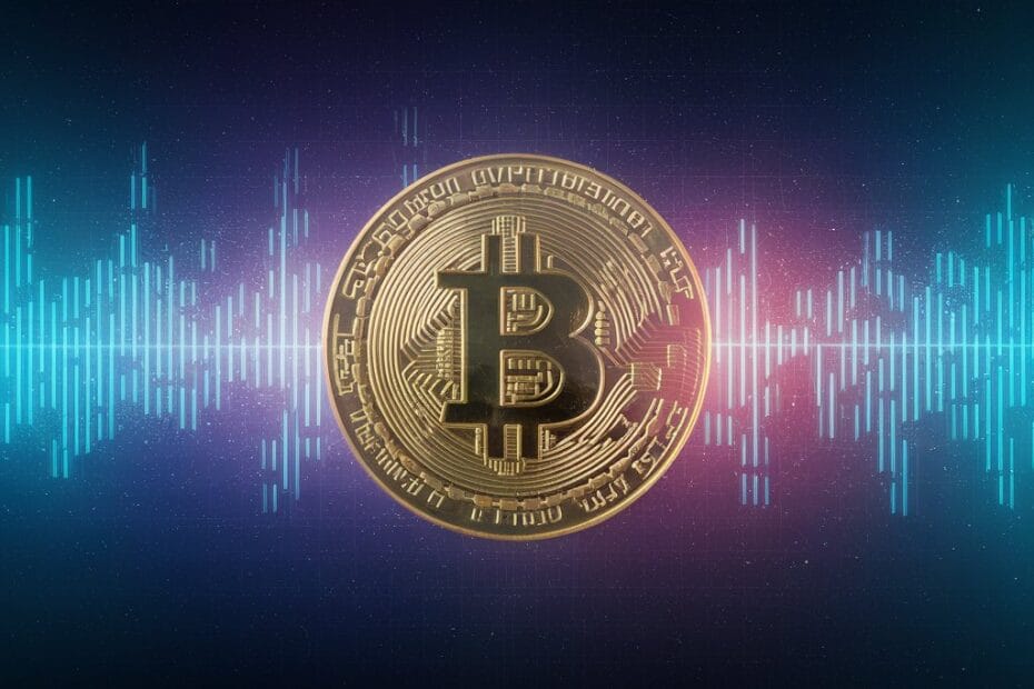Imagem com fundo preto com uma onda sonora cortando a imagem na horizontal e com uma moeda representando o Bitcoin no centro