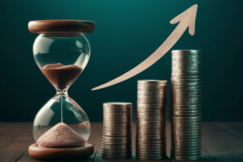 Imagem contendo uma ampulheta e três colunas de moedas, sobre as colunas contendo moedas é apresentando uma seta apontando para cima