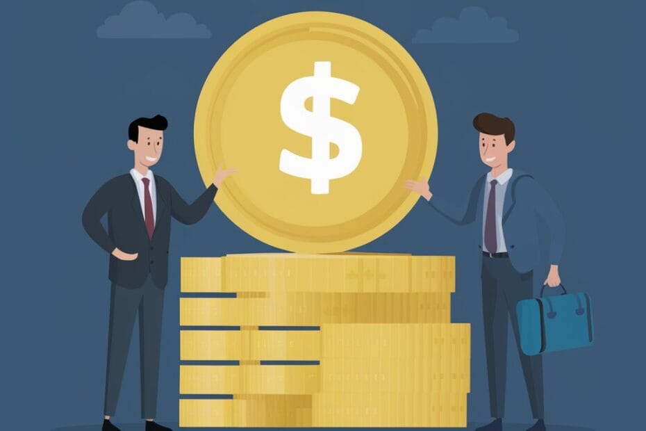 Imagem de fundo azul com uma pilha de moedas em amarelo e dois bonecos de homens com roupa social