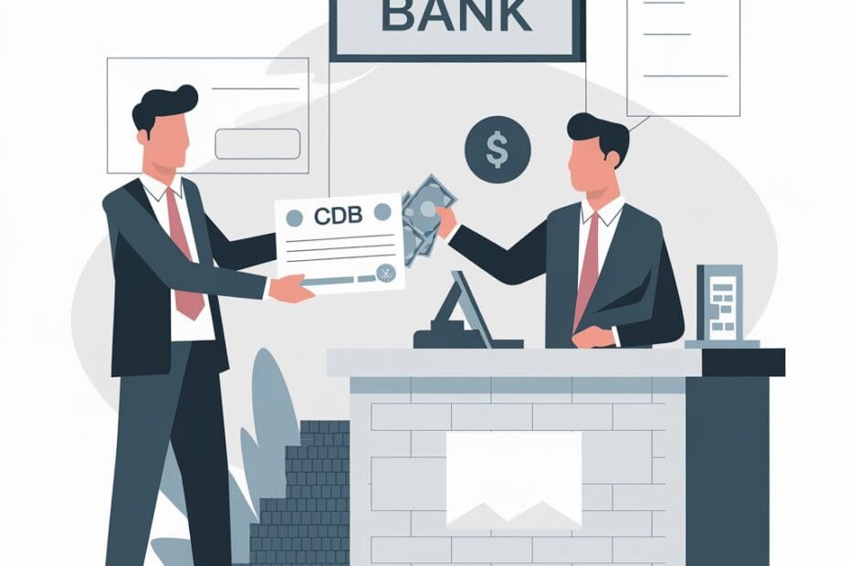 A imagem representa uma pessoa no papel de um investidor, simbolicamente emprestando dinheiro a um banco em troca de um retorno contratado.