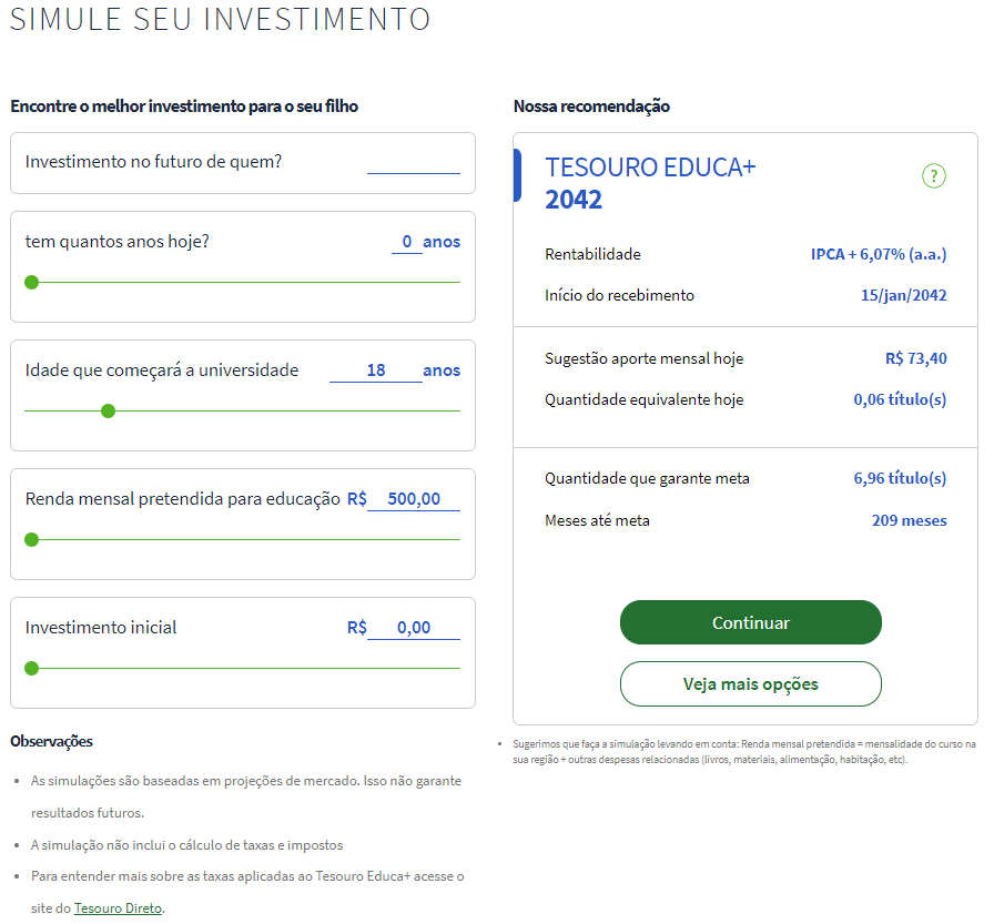 Imagem de uma simulação do tesouro RendA+