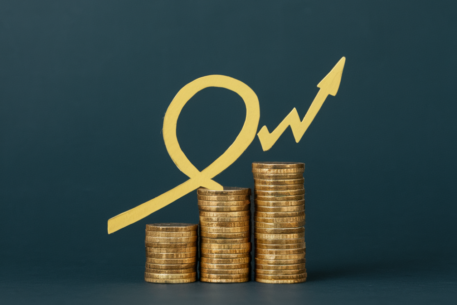 Imagem de fundo preto com três pilhas de moedas e um desenho de uma seta amarela sobre as pilhas de moedas, representando os ganhos com dividendos