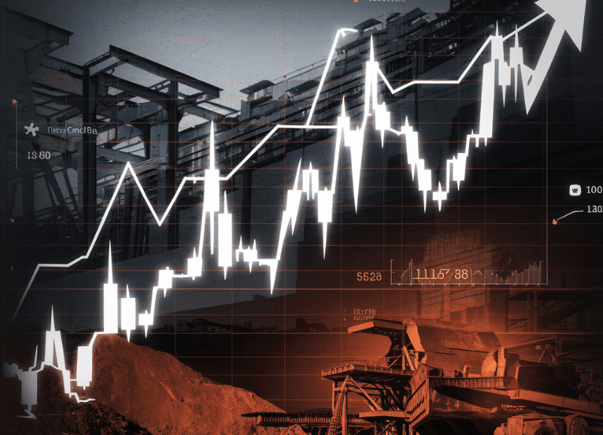 Um gráfico do mercado de ações com picos e vales acentuados, simbolizando as flutuações dramáticas nos preços das ações nos últimos anos. O gráfico é sobreposto a um fundo de elementos de mineração e produção de aço, como minério de ferro, equipamentos de mineração, vigas de aço e fábricas industriais. Há também referências visuais a grandes influências econômicas, como a economia chinesa e os ciclos de mercado. O tom geral da imagem reflete os desafios e as oportunidades no setor de investimentos, com um equilíbrio de elementos escuros e claros simbolizando risco e recompensa.
