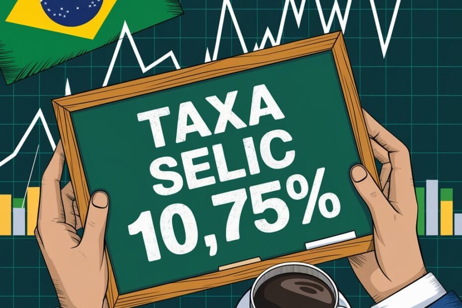 Imagem com destaque para a taxa Selic a 10,75%. Enfatiza o aumento da taxa de juros no Brasil, mostrando elementos financeiros como gráficos ascendentes.