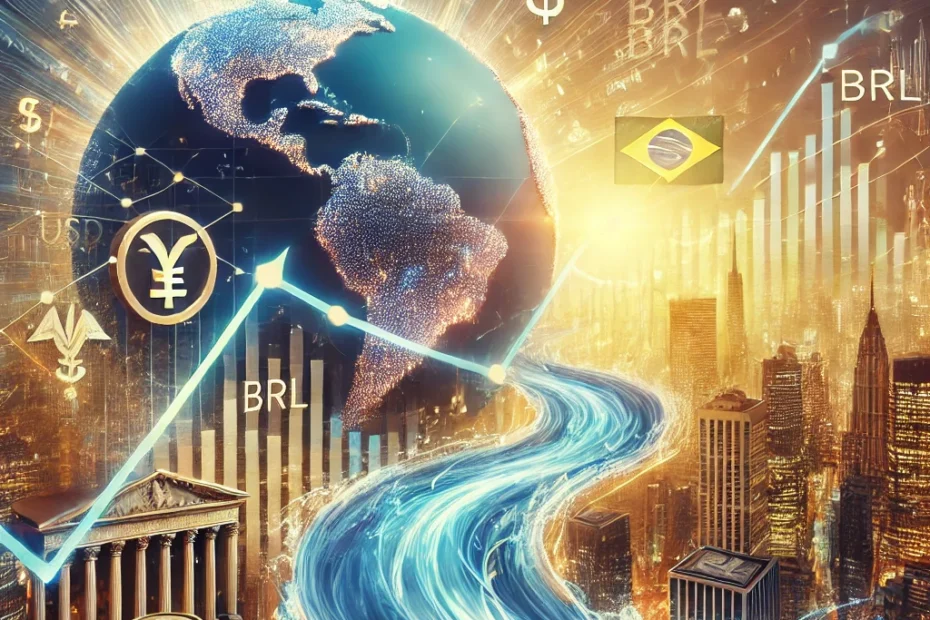 Imagem que representa o fluxo de capital internacional para o mercado financeiro brasileiro. Ela destaca elementos como o mercado de ações, gráficos em alta e os símbolos das moedas globais, com foco no Brasil e a interação com o Federal Reserve dos EUA.