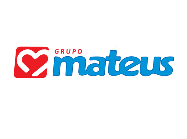 Logo do grupo mateus. Contém coração vermelho do lado esquerdo, a palavra grupo escrita em vermelho do lado direito do coração e a palavra Mateus escrita em azul na abaixo da palavra grupo.