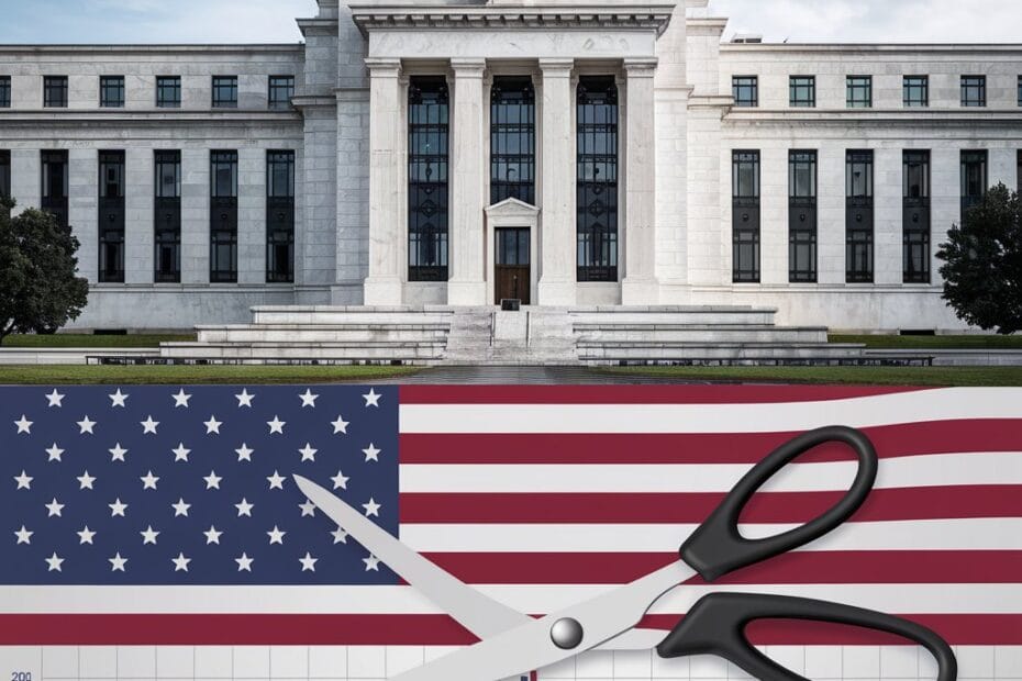 prédio do Federal Reserve em Washington, D.C., uma representação de gráficos financeiros com tendências de queda, e um símbolo de corte de juros (como uma tesoura cortando um gráfico de taxas)