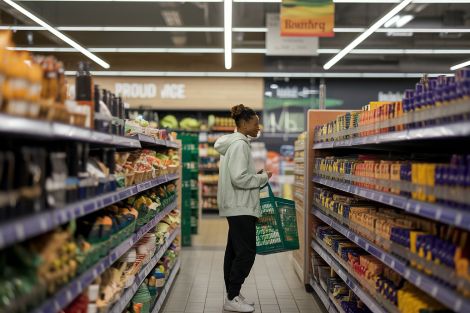 Imagem de uma mulher em um supermercado, representando a quada no índice de inflação PCE americano USA.