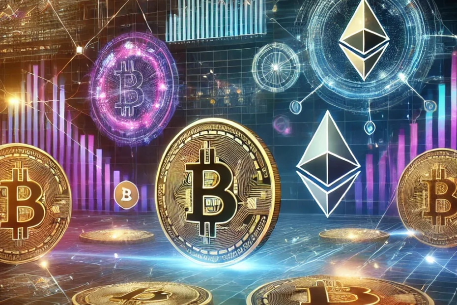 Imagem com várias imagens de criptomoedas de bitcoin e etherium